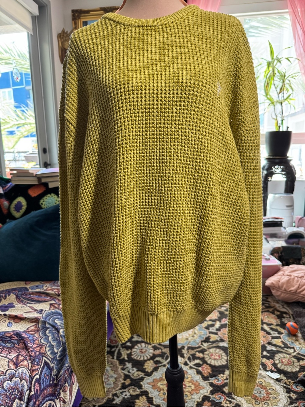 HUF Hurt You Get Over It Mustard Waffle Knit Sweater Size M